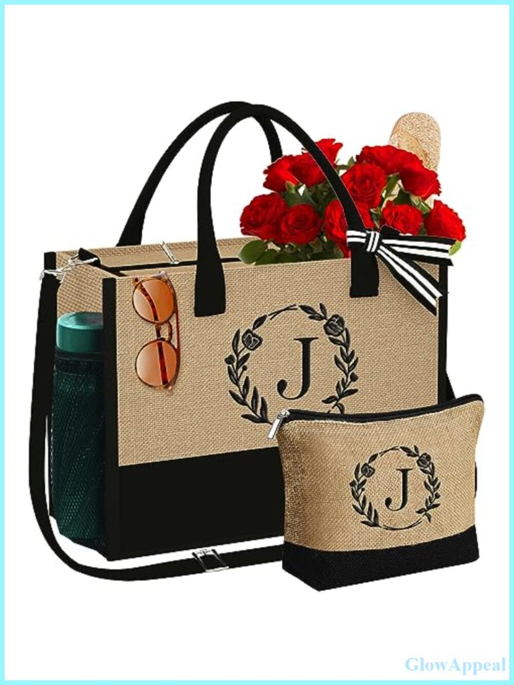 Jute Tote Bag Set with Makeup Bag Monogram Embroidery Zipper
